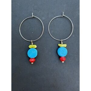Handmade Coral & Gemstone Dangle Hoop Earrings Funky Boho Organic Primary Colors